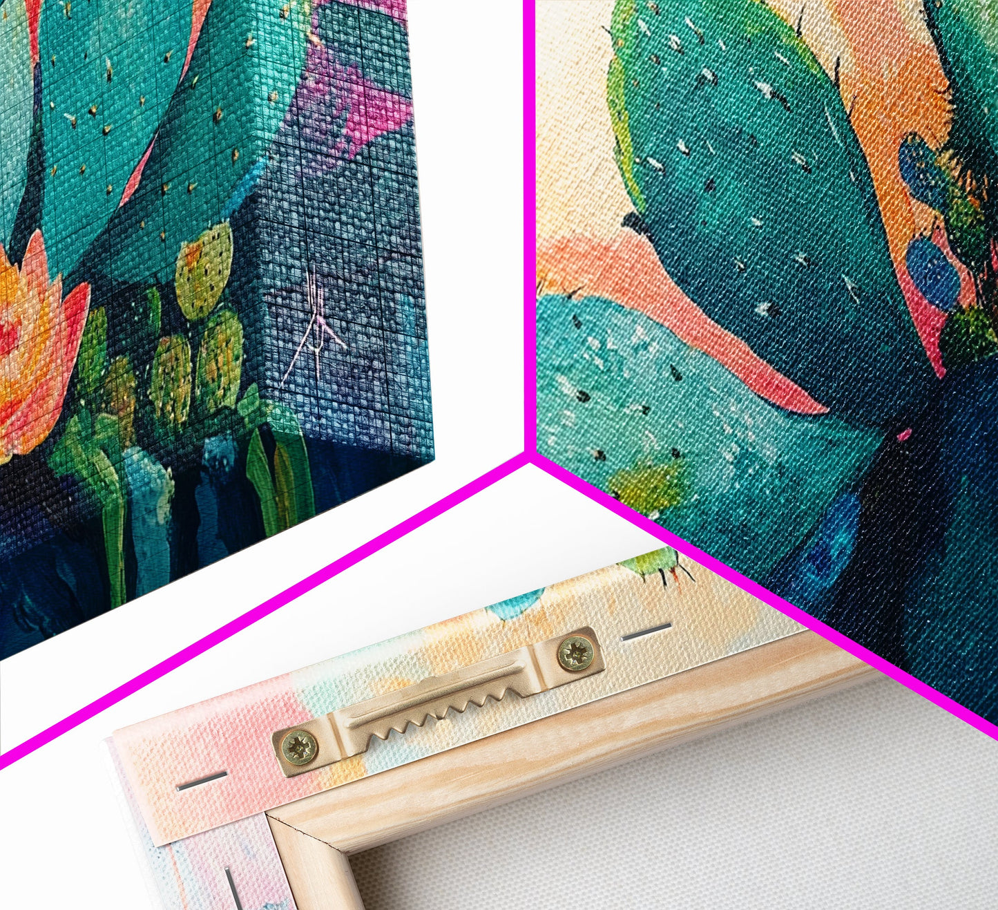 Prickly Pear Cactus, agave painting, southwest wall art, boho art, pink orange wall art, extra wide art, Framed Canvas Print