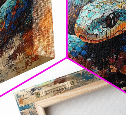 Blue Snake, abstract animal art, framed canvas print, moody art, wildlife painting, bold colors, rustic decor, modern wall art