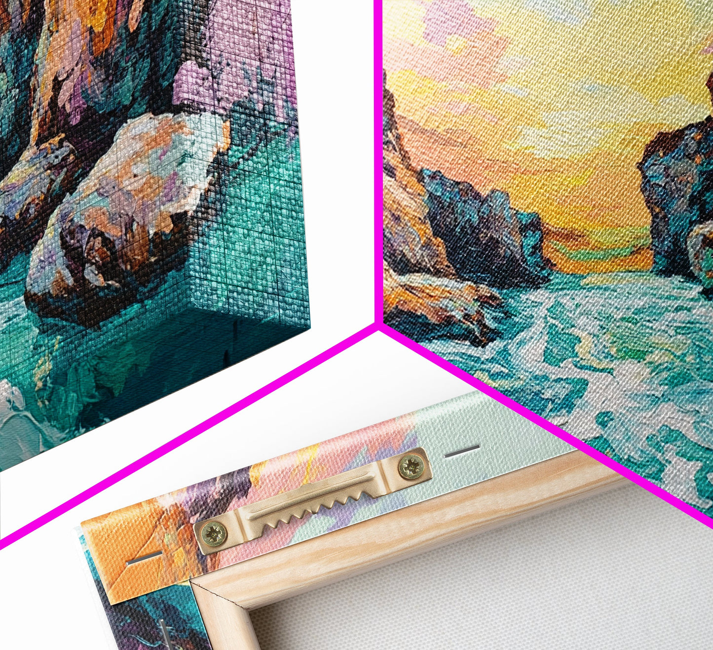 Sonnenuntergang in einer Küstenschlucht, Panoramagemälde, extra breites Kunstwerk, gerahmter Leinwanddruck, Seestück, Wandbild aus dem Südwesten