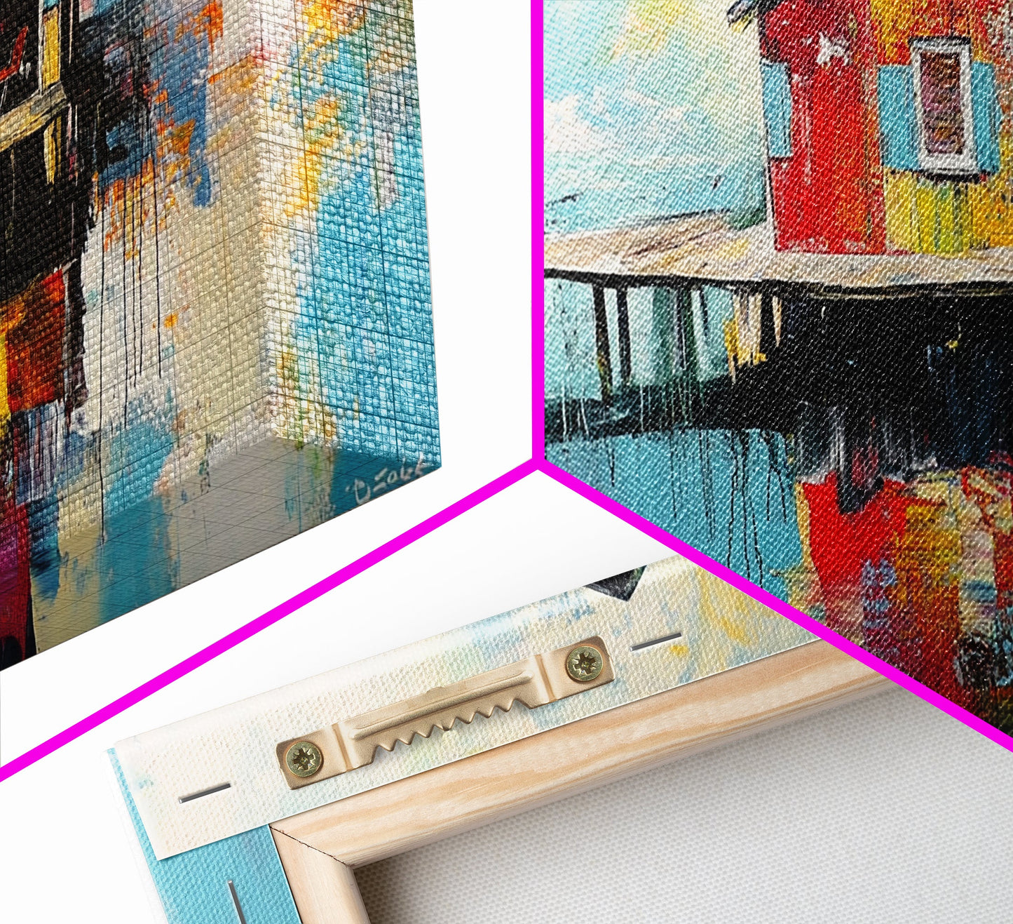 Colorful boathouse, lake reflection, coastal decor, seascape painting, nautical wall art, framed canvas print, extra wide art, gift idea