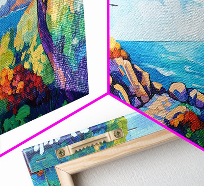 Coastal Pathway, bold colors, impressionist seascape, ocean view, vibrant painting, coastal wall art, Canvas Print, beach decor