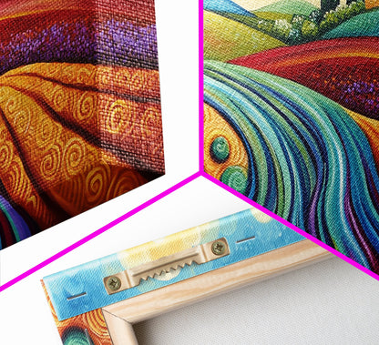 Whimsical Hills, rolling landscape, colorful fields, abstract nature, bold painting, extra wide art, Framed Canvas Print, rustic art