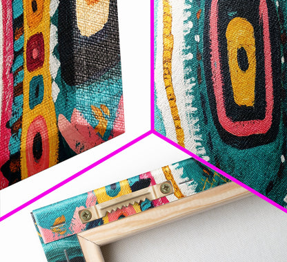 Geometric Abstract, bold colors, sacred geometry art, tribal design, vibrant patterns, extra wide art, Framed Canvas Print, boho art