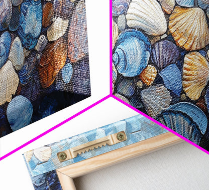 Seashell Beach Art, coastal wall art, oyster shell painting, blue and green wall art, framed canvas print, extra wide art