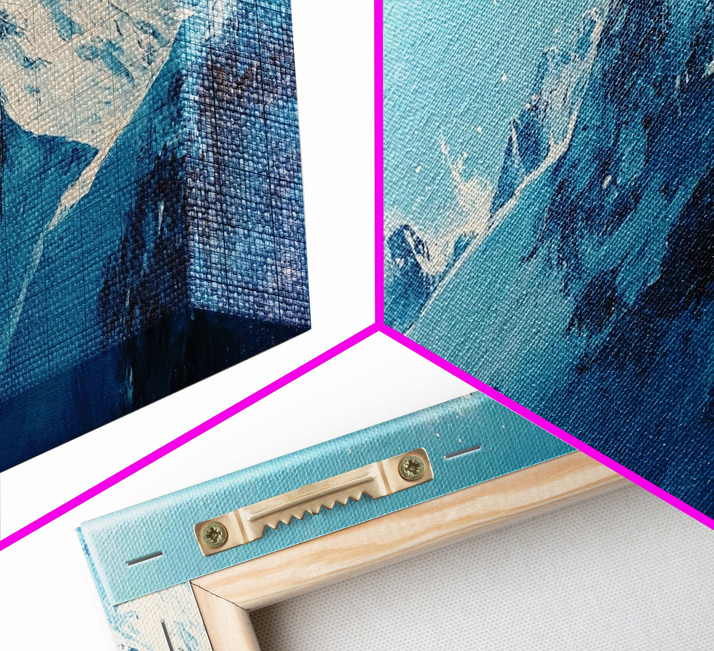 Berglandschaft-Malerei, Blau-Weiß-Kunst, Schneebedeckte Gipfel, Gerahmter Leinwanddruck, Rustikale Dekoration, Minimalistische Kunst, Extra breites Kunstwerk