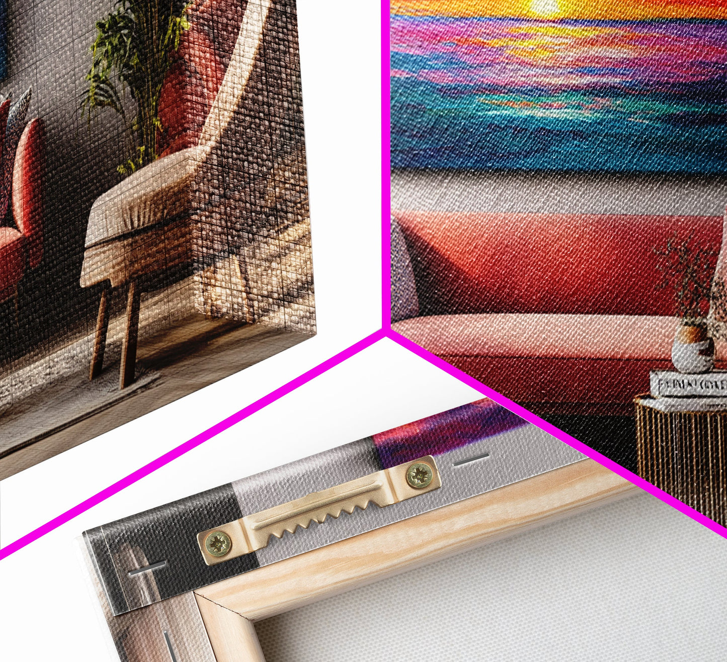 Rote Couch, Sonnenuntergangsgemälde, Kunst für über dem Sofa, Küstenwandkunst, Stranddeko, Panoramabild, gerahmter Leinwanddruck, Wohnzimmerkunst