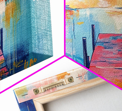 Lake Dock, sunset painting, nautical decor, coastal landscape art, wabi sabi art, extra wide art, rustic decor, Framed Canvas Print