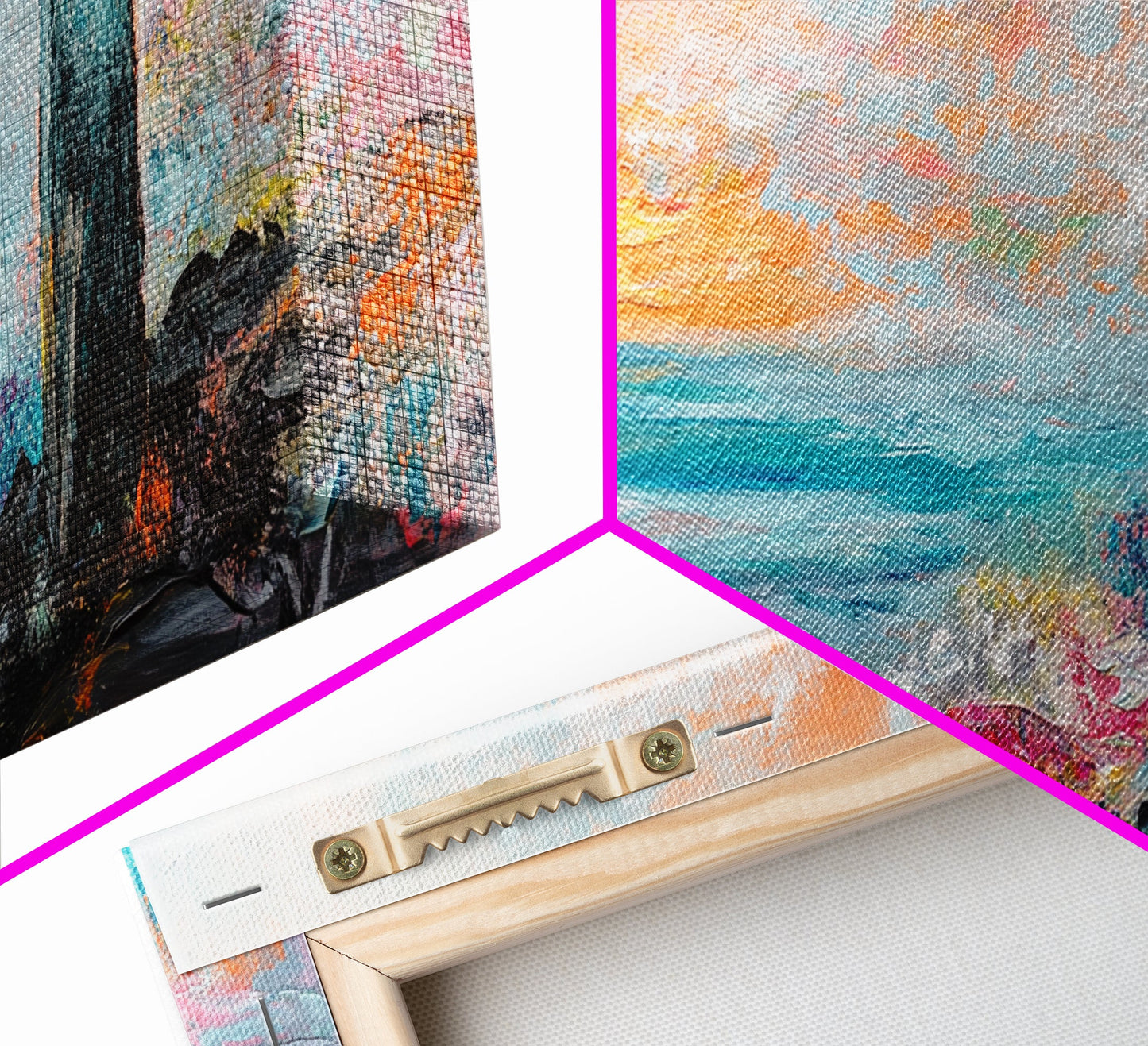 Sunset Over Ocean, pink orange wall art, coastal wall art, abstract seascape, vibrant landscape painting, Framed Canvas Print