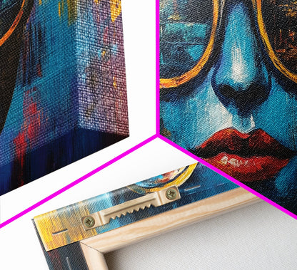 Bold Sunglasses Portrait, graffiti wall art, moody art, chicano art, abstract portrait, pop art decor, gift idea her, Canvas Print