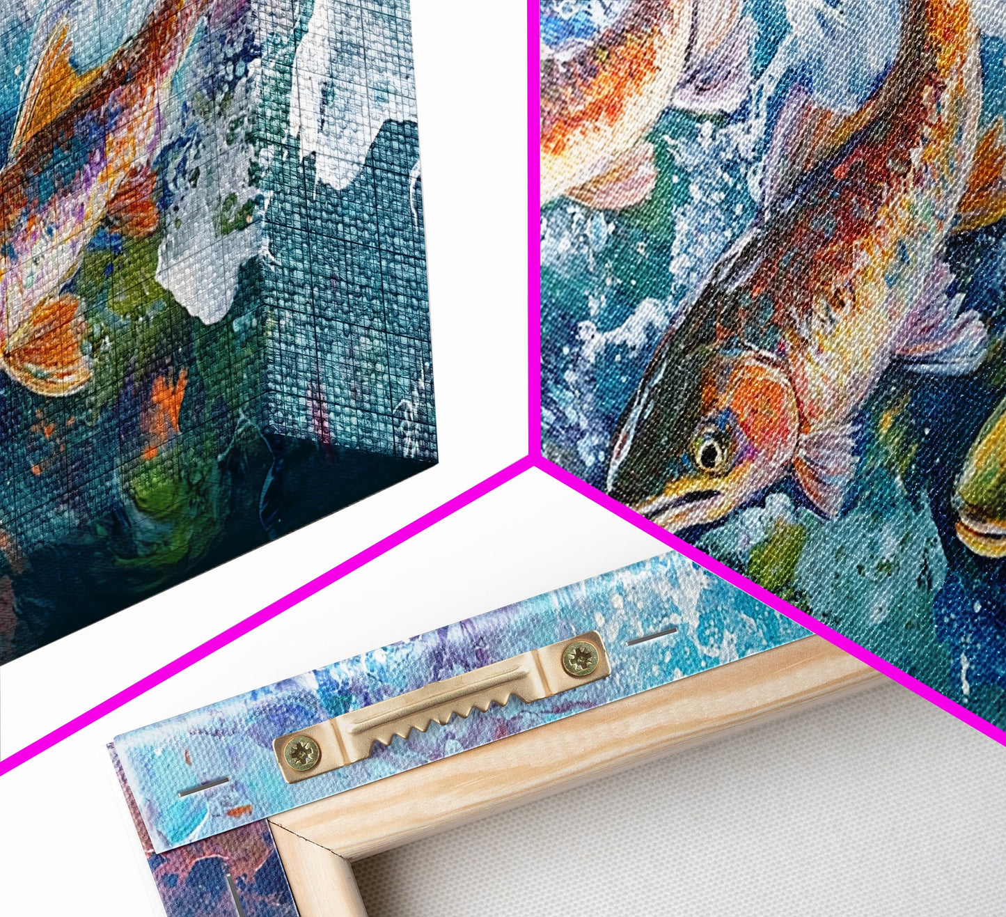 Koi-Fisch-Gemälde, gerahmter Leinwanddruck, Kunst zum Fliegenfischen, Forellenkunst, extra breites Gemälde, farbenfrohes Fischgemälde, Panoramabild