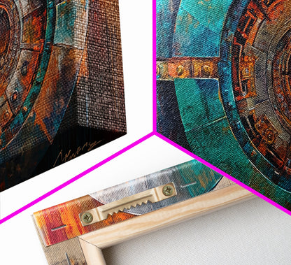 Industrieller Tresorraum, Steampunk-Wandkunst, Mechanische Wandkunst, Extra breite Kunstwerke, Horizontale Wandkunst, Gerahmter Leinwanddruck, Wohnzimmerkunst, Stimmungsvolle Kunst