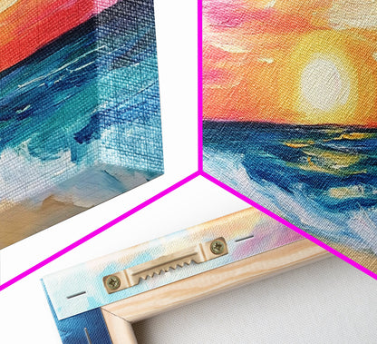 Sonnenuntergangs-Strandgemälde, Küstenlandschaftskunst, Maritime Dekoration, Surf-Wandkunst, Ozean-Sonnenuntergangskunst, Maritime Wandkunst, Leinwanddruck