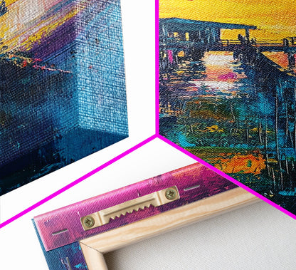 Sunset Pier Painting, Coastal Landscape Art, Vibrant Seascape, Nautical Wall Art, Bold Color Decor, Framed Canvas Print