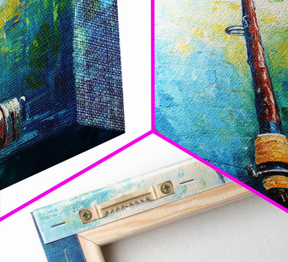 Fishing Rod Painting, Fly Fishing Art, Nautical Wall Art, Outdoor Enthusiast Decor, Rustic Cabin Art, Framed Canvas Print