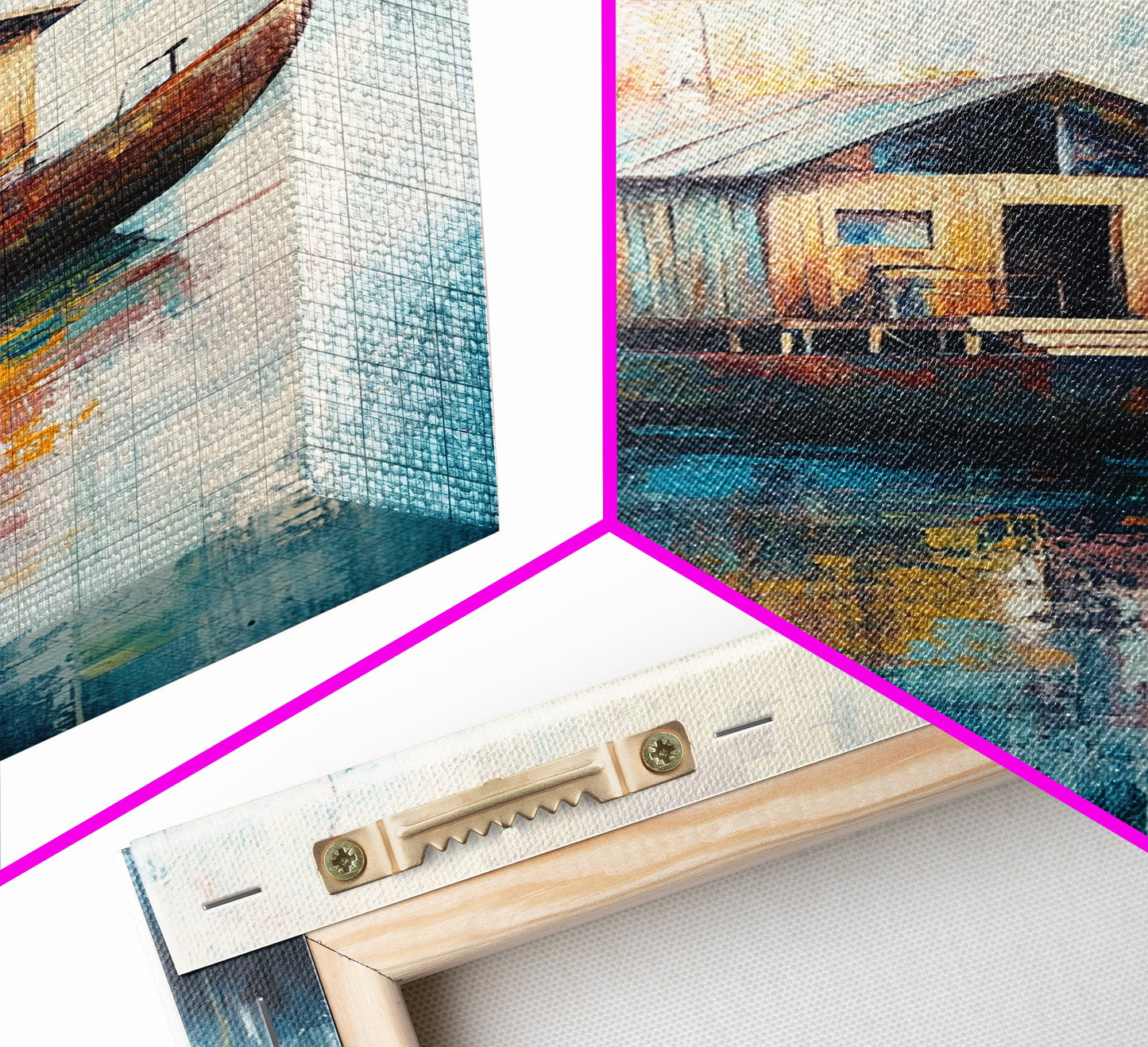 Floating House Painting, Lakefront Scene, Rustic Boat Art, Tranquil Landscape, Water Reflection Art, Framed Canvas Print