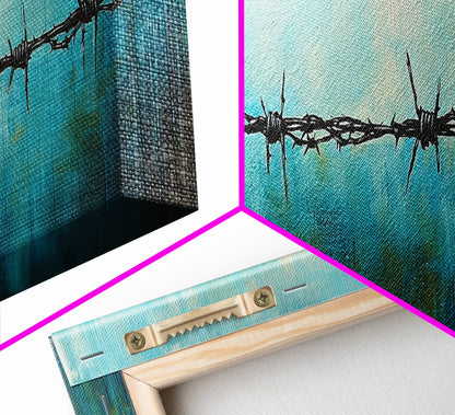 Barbed Wire Minimalist Painting, Blue and Black Modern Wall Art, Industrial Urban Aesthetic, Bold Statement Office, Canvas Print