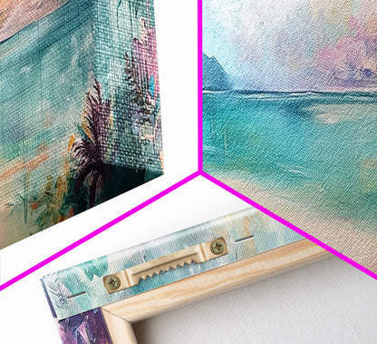 Tropical Beach Paradise Framed Canvas Print, Vibrant Ocean Wall Art, Hawaii Sunset Painting, Coastal Living Room Decor, Relaxing Art