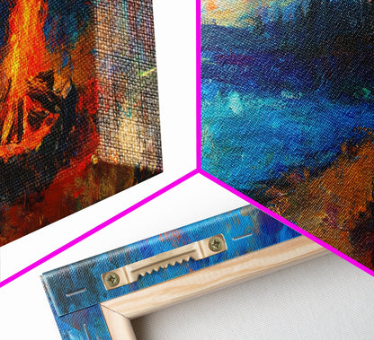 Cozy Campfire Night Painting, Rustic Cabin Decor, Warm Autumn Wall Art, Outdoor Adventure Art, Living Room Wall Art