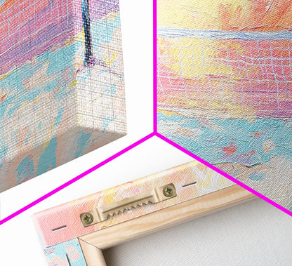 Sunset Beach Volleyball Painting, Pastel Ocean Sports Art, Fun Summer Wall Decor, Playful Living Room, Framed Canvas Print