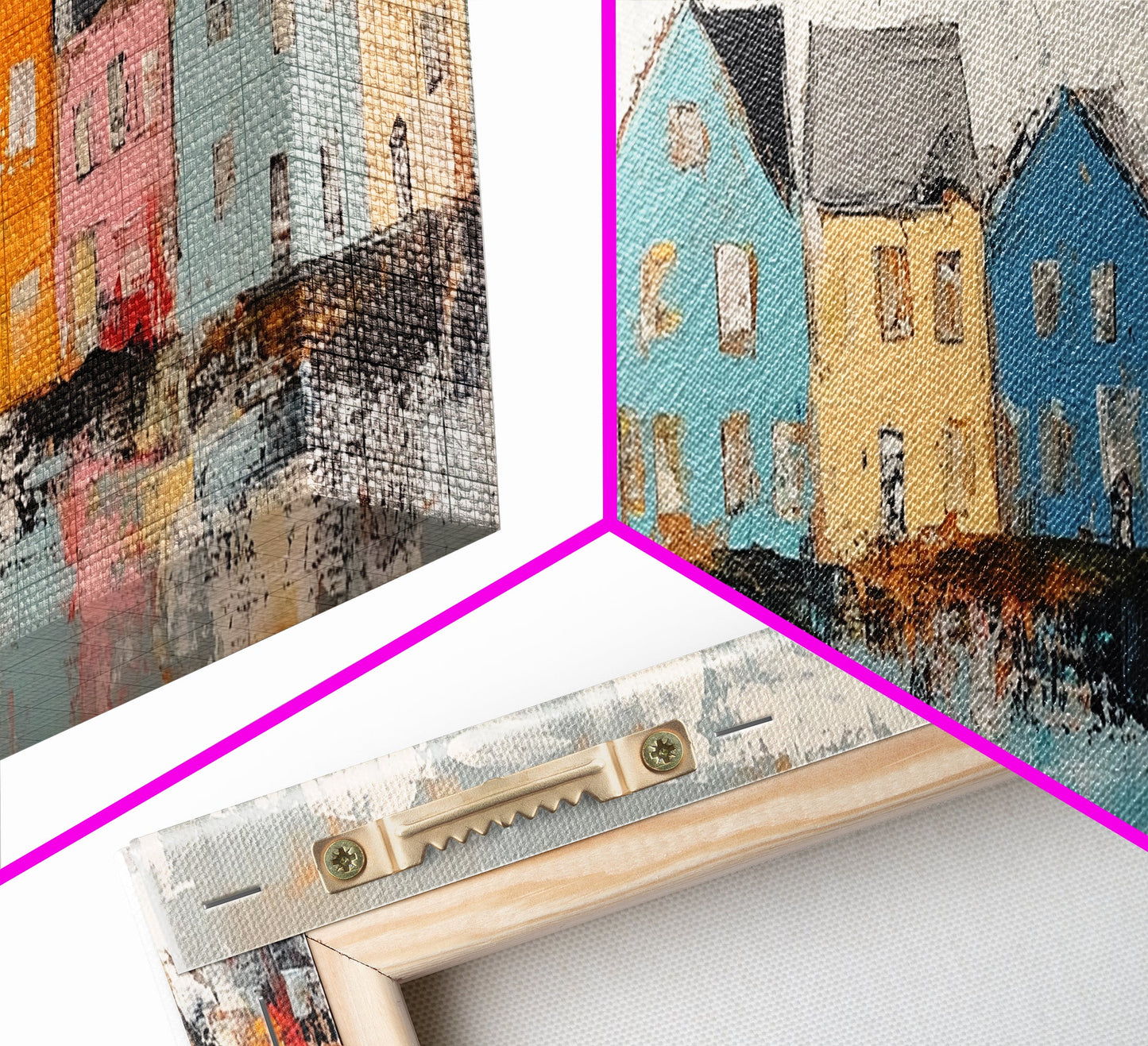 Coastal Village Houses Framed Canvas Print Colorful Seaside Town Painting Rustic Home Wall Art Nautical Decor Large Wall Art