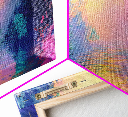 Vibrant Sunset River Framed Canvas Print, Colorful Nature Art, Dreamy Landscape Painting, Living Room Wall Art, Boho Sunset Decor