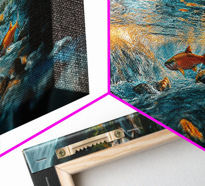 Vibrant Underwater River Scene Framed Canvas Print, Nature Wall Art, Rustic Cabin Decor, Wildlife Painting, Living Room Art