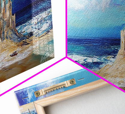 Fantasy Sandcastle Seascape Framed Canvas Print, Beach House Wall Art, Nautical Painting, Whimsical Ocean Scene, Kids Room Decor