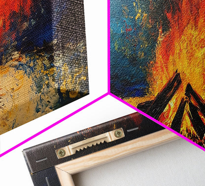 Fiery Campfire Night Canvas Print Rustic Outdoor Wall Art Cozy Bonfire Painting Autumn Cabin Decor Warm Wilderness Gift