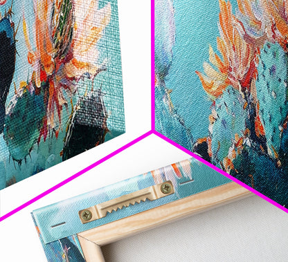 Blooming Cactus Flowers Canvas Print Vibrant Desert Painting, Boho Wall Art, Southwest Decor, Botanical Living Room Artwork