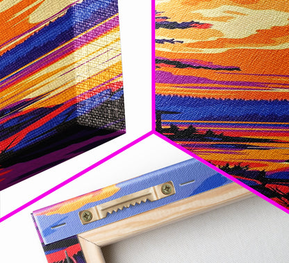 Sunset Cabin, Nature Art, Autumn Decor, Framed Canvas Print, Rustic Wall Art, Cozy Home Decor, Lake House Art, Landscape Painting