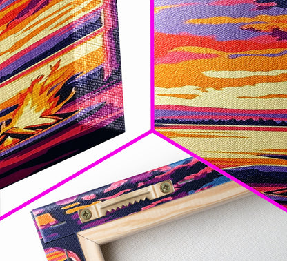 Campfire Glow, Sunset Painting, Fall Wall Art, Framed Canvas Print, Cabin Decor, Living Room Art, Outdoor Adventure Print, Nature Art