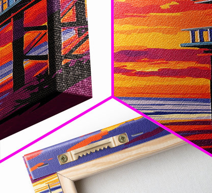 Lifeguard Tower, Ocean Sunset, Beach House Art, Framed Canvas Print, Coastal Wall Decor, Vibrant Seascape Painting, Nautical Decor