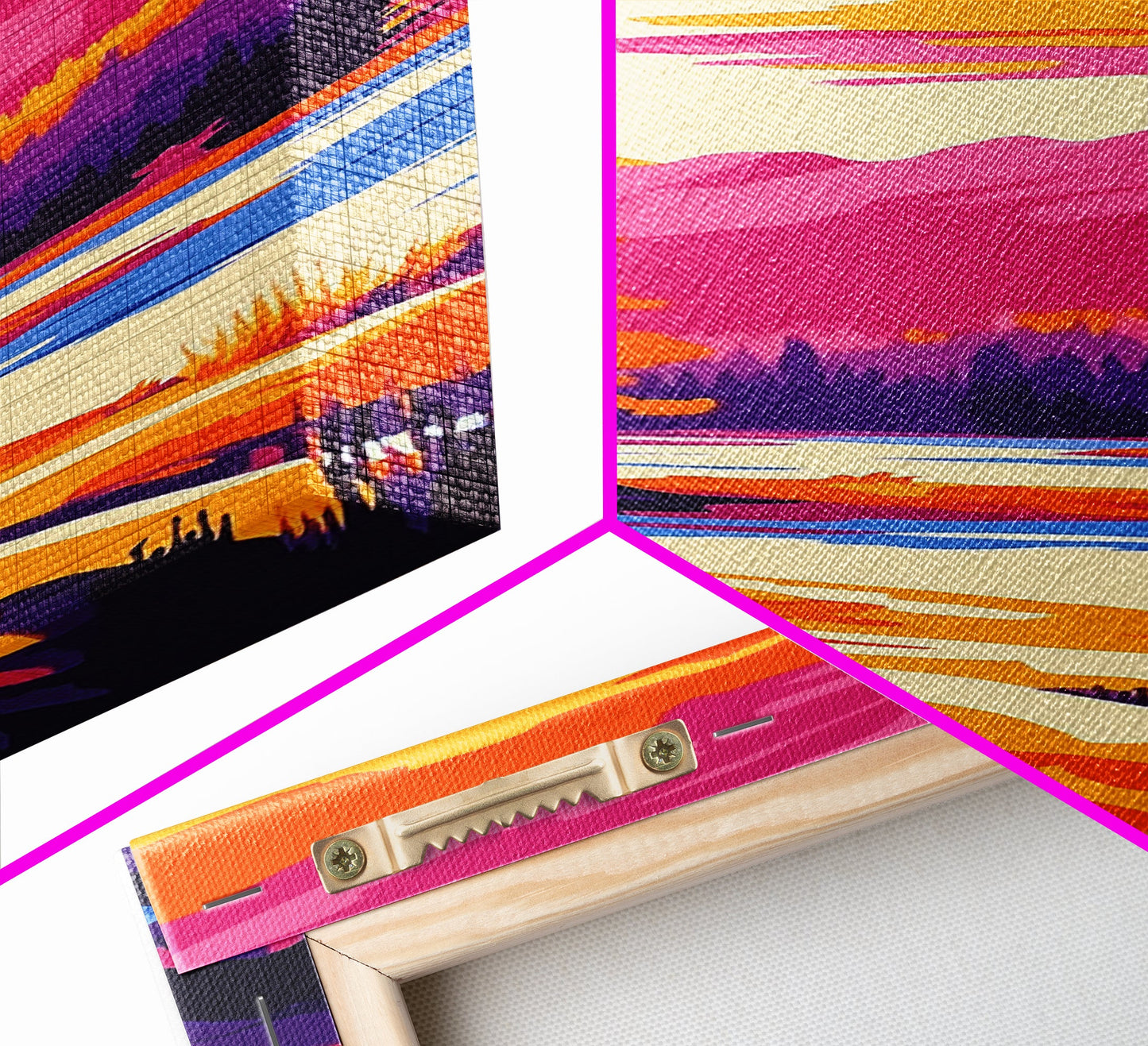 Sonnenuntergangsszene mit Hütte, gerahmter Leinwanddruck, lebendige Berglandschaft, Seelandschaft, gemütliche Hüttendekoration, Naturnahe Wohndekoration, rustikale Wandkunst