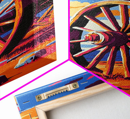 Wagenrad, rustikale Westernkunst, Bauernhausdeko, Ästhetik des Alten Westens, Wanddeko für Zuhause, Kunst fürs Wohnzimmer im Landhausstil, gerahmter Leinwanddruck