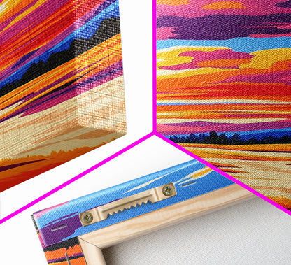 Golden River, Sunset Meadow, Vibrant Sky, Nature Wall Art, Framed Canvas Print, Boho Home Decor, Peaceful Landscape Aesthetic