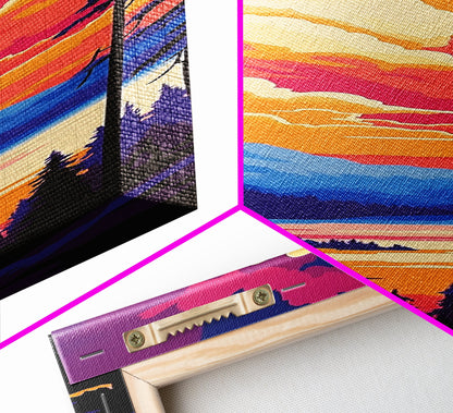 Mountain Glow, Vibrant Landscape Art, Nature Inspired Home Decor, Sunset Reflection Painting, Framed Canvas Print, Cozy Autumn Colors