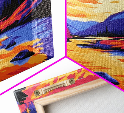 „Bergfluss im Glanz“, Leinwanddruck, Ruhige Landschaftskunst, Lebendige Naturszene, Rustikale Wanddekoration, Wohnzimmerkunst, Hüttenästhetik