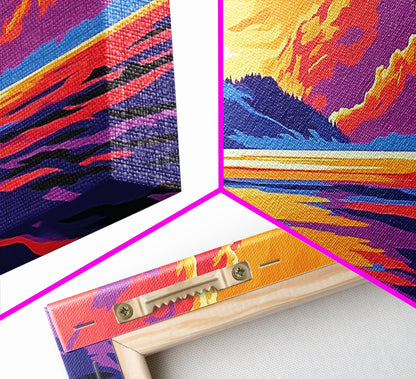 Lakeside Sunset, Vibrant Landscape Art, Warm Color Nature Scene, Bold Scenic Print, Framed Canvas Print, Living Room Wall Art