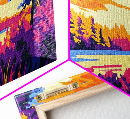 Forest Lake, Autumn Sunset, Vibrant Nature Scene, Rustic Cabin Wall Art, Cozy Home Aesthetic, Framed Canvas Print