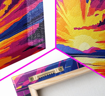 Vibrant River Sunset, Colorful Landscape Wall Art, Warm Nature Print, Bold Sky Painting, Autumn Home Decor, Framed Canvas Print