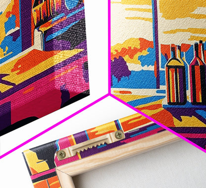 Bar Sunset, Wine Bottles, Cozy Kitchen, Framed Canvas Print, Wall Art, Modern Home, Dining Room, Cocktail Lounge, Warm Colors, Vibrant Art