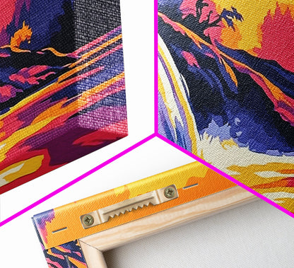 Waterfall, Forest, Autumn Sunset, Peaceful Scenery, Framed Canvas Print, Cabin Retreat, Rustic Home, Relaxing Nature, Vibrant Colors