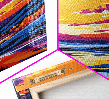 Sunset Valley, Reflection, Framed Canvas Print, Mountain River Art, Vibrant Landscape, Living Room Wall Art, Rustic Home Decor