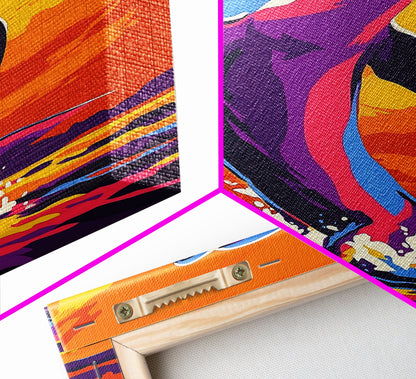 Dolphin Ocean, Sunset, Framed Canvas Print, Vibrant Sea Life Art, Beach House Decor, Coastal Living Art, Sunset Painting, Nautical Theme