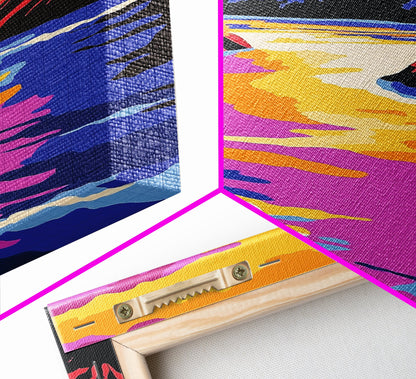 Sunset River Bend, Vibrant Landscape, Colorful Sky, Bold Nature, Framed Canvas Print, Living Room Art, Rustic Wall Decor, Boho Landscape