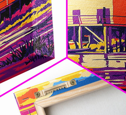 Sunset Cabin, Lake House, Scenic Art, Framed Canvas Print, Colorful Wall Art, Rustic Decor, Nature Painting, Living Room Wall Art