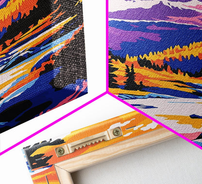 Snowy Peaks, Majestic Mountains, Wilderness Landscape, Cabin Aesthetic, Cozy Decor, Adventure Theme, Living Room, Canvas Print, Bold Colors