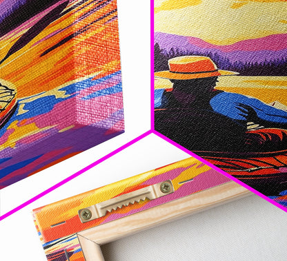 Kayaker Journey, Scenic River Painting, Vibrant Water Art, Framed Canvas Print, Adventure Wall Decor, Nature Lover Art, Sports Wall Art