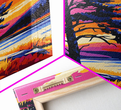 Lone Tree, Mountain Landscape, Vibrant Nature Art, Sunset Painting, Framed Canvas Print, Wilderness Decor, Autumn Wall Art, Office Decor