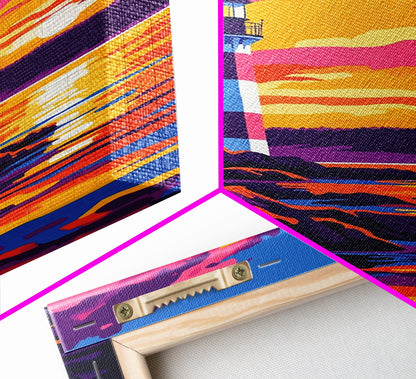 Leuchtturm, Sonnenuntergang, Küste, Meereslandschaft, gerahmter Leinwanddruck, nautische Dekoration, Wandbild fürs Strandhaus, lebendiges Ozeangemälde, Wohnzimmerkunst